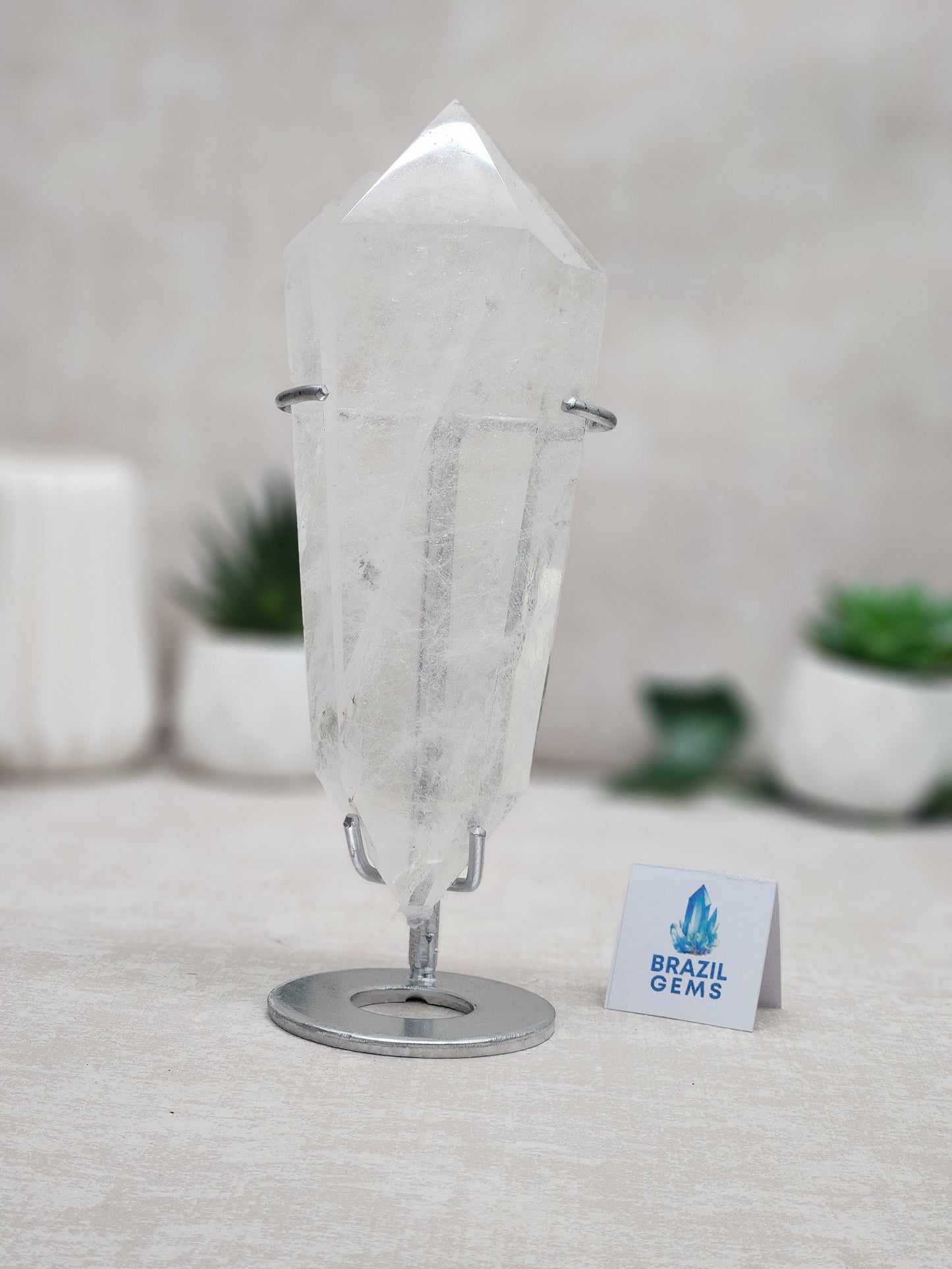 Clear Quartz Flat Vogel on stand