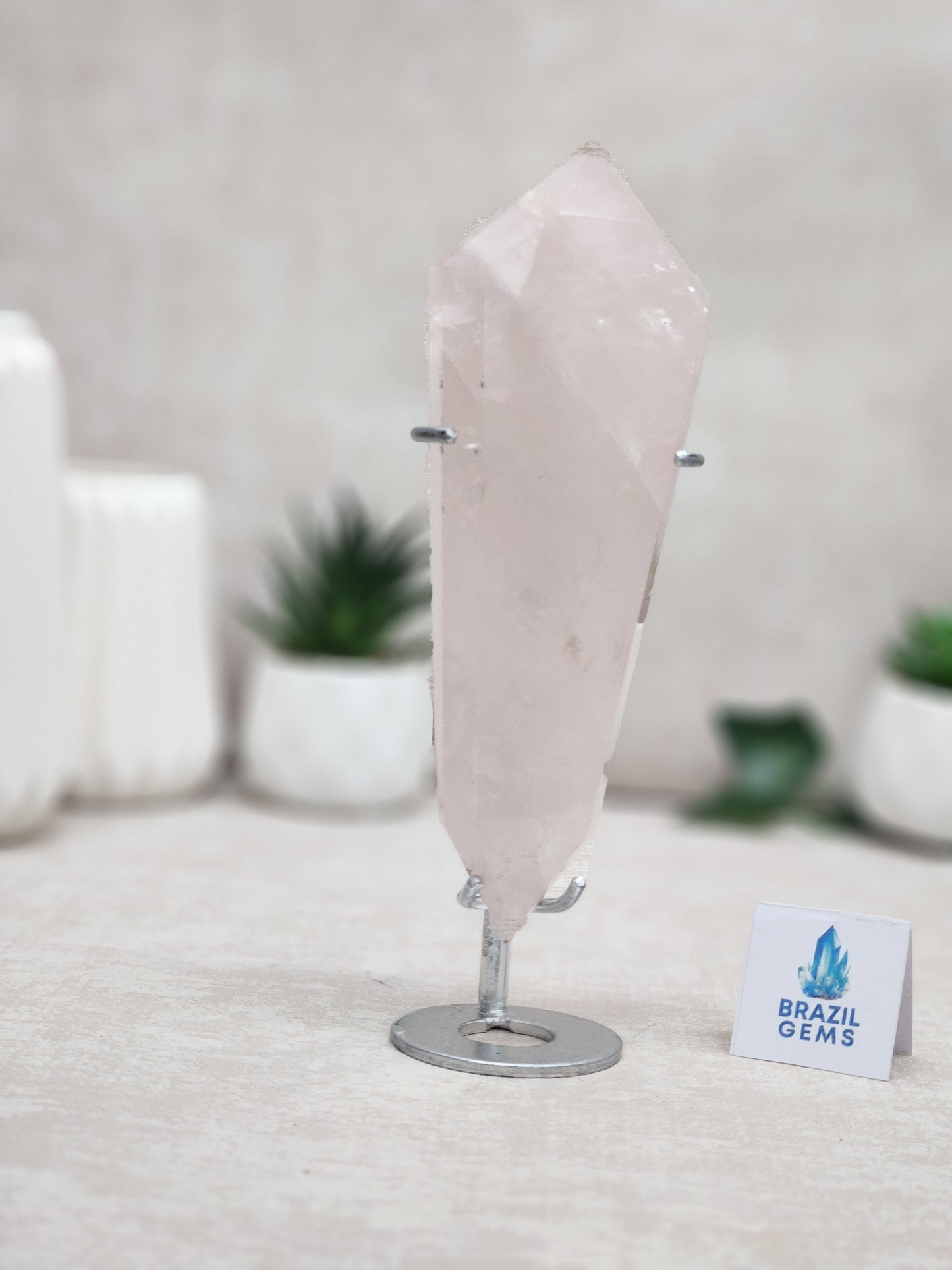 Rose Quartz Flat Vogel on stand