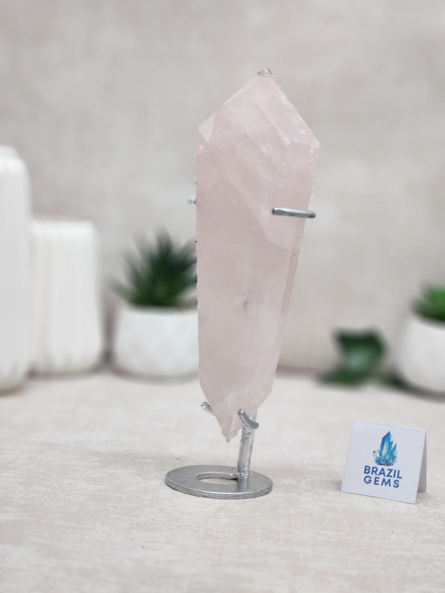 Rose Quartz Flat Vogel on stand