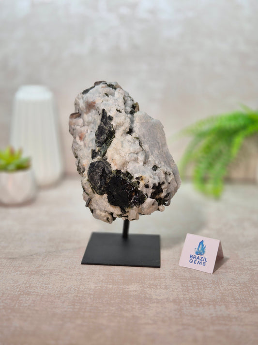 Green, Black Tourmaline, Mica and Clevelandite in the Albite Matrix on stand