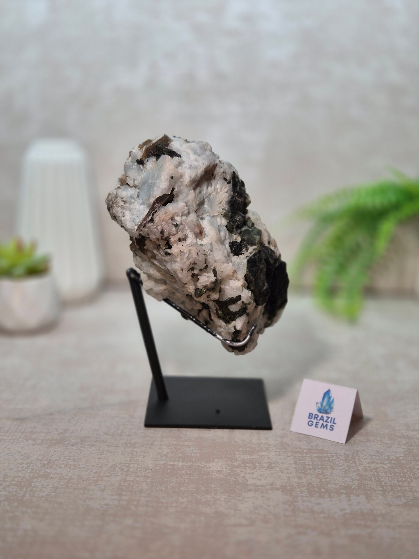 Green, Black Tourmaline, Mica and Clevelandite in the Albite Matrix on stand