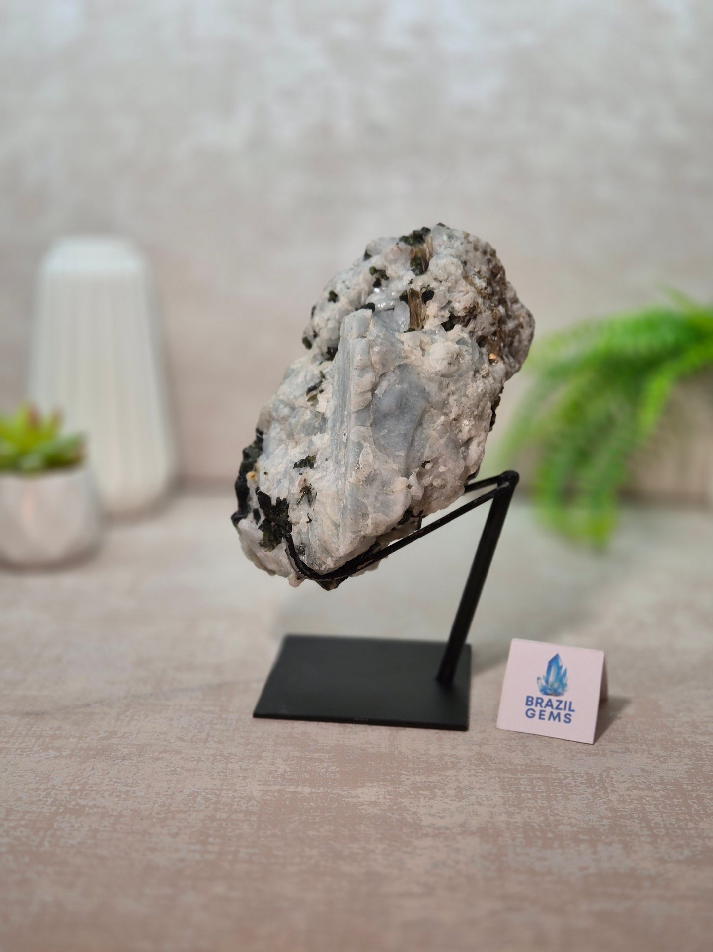 Green, Black Tourmaline, Mica and Clevelandite in the Albite Matrix on stand