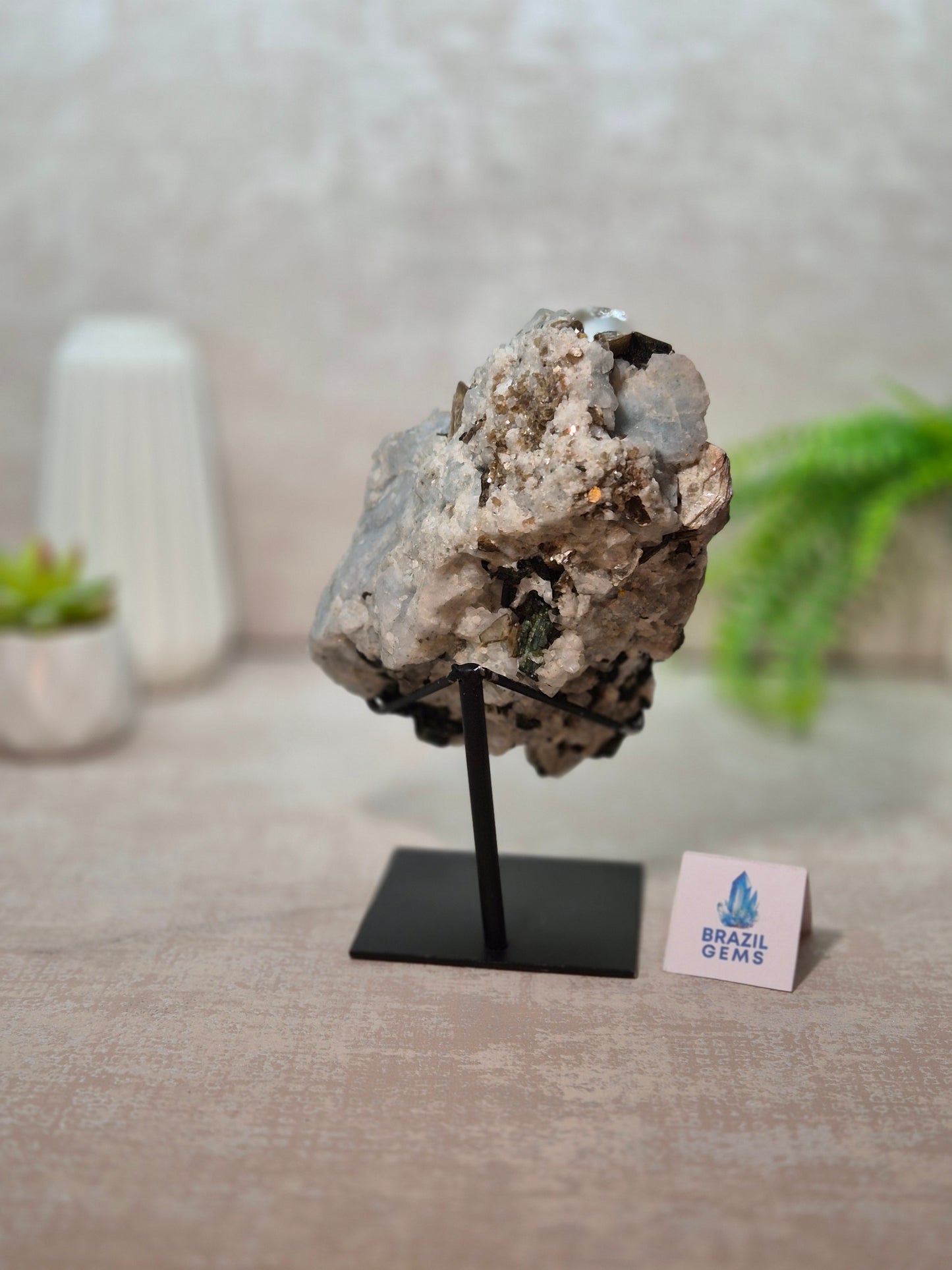 Green, Black Tourmaline, Mica and Clevelandite in the Albite Matrix on stand