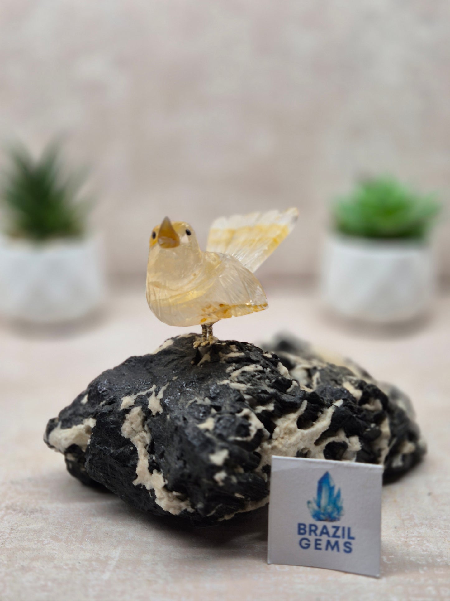 Yellow Hematoid Bird on Tourmalated Quartz Base