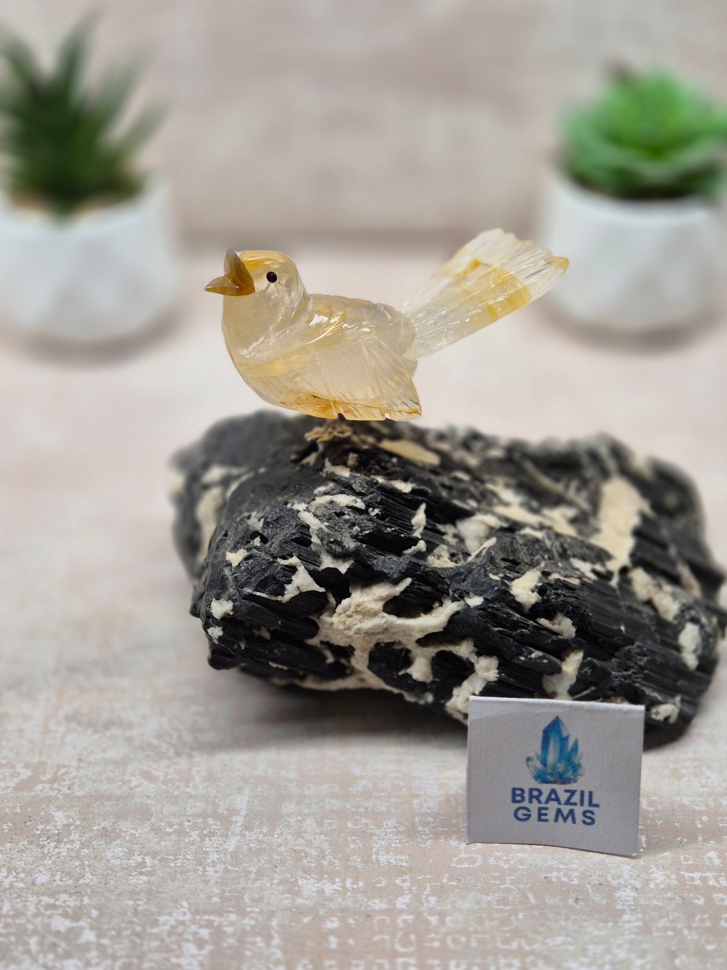 Yellow Hematoid Bird on Tourmalated Quartz Base