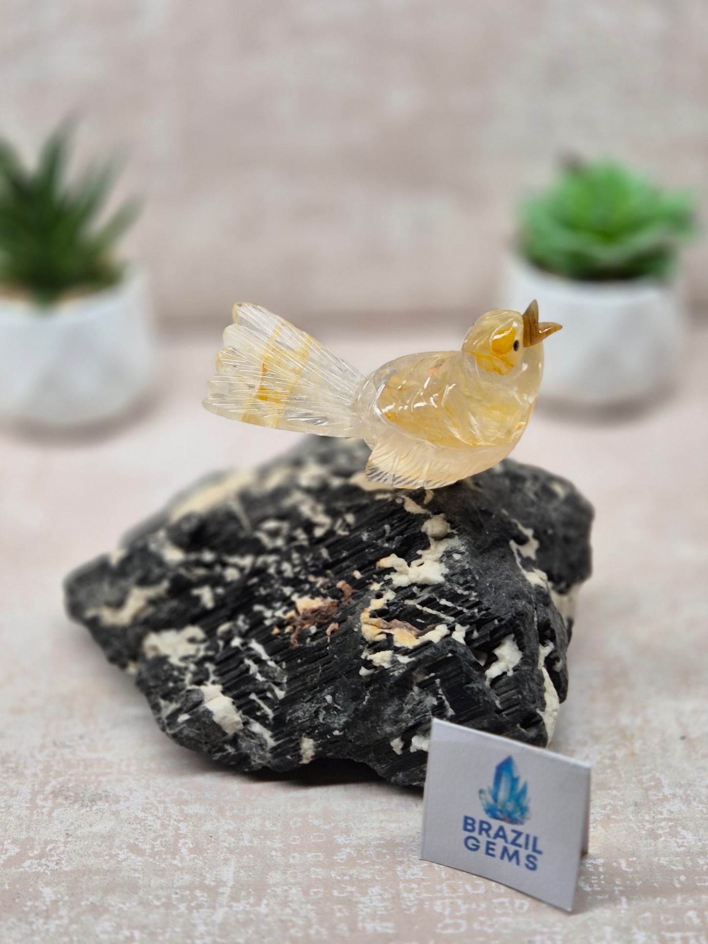 Yellow Hematoid Bird on Tourmalated Quartz Base