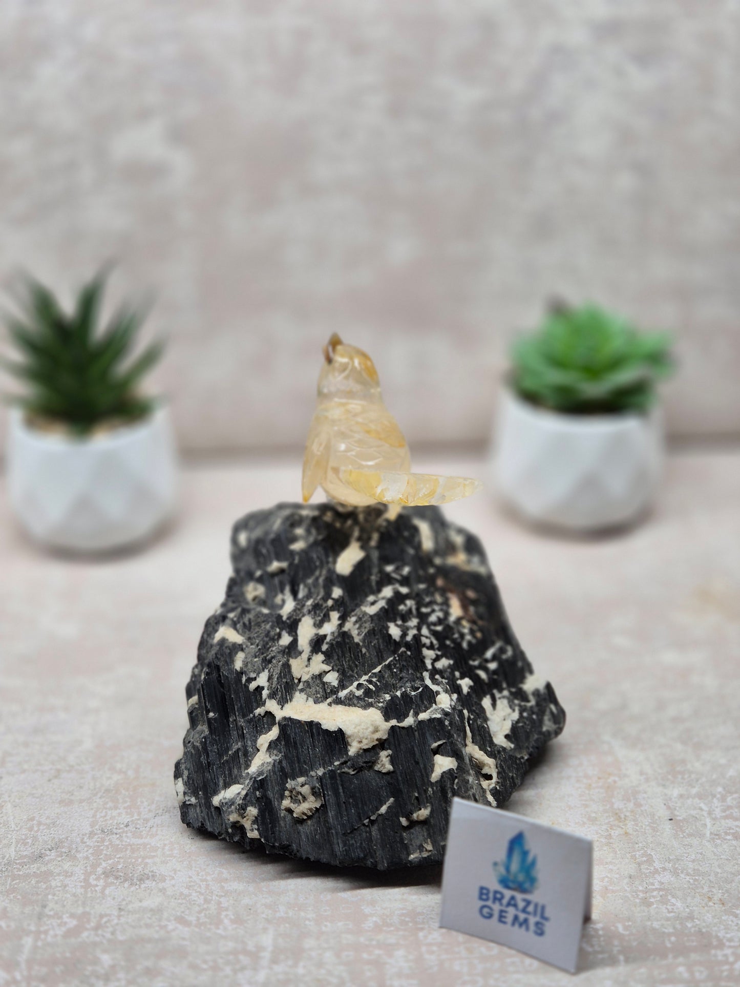 Yellow Hematoid Bird on Tourmalated Quartz Base