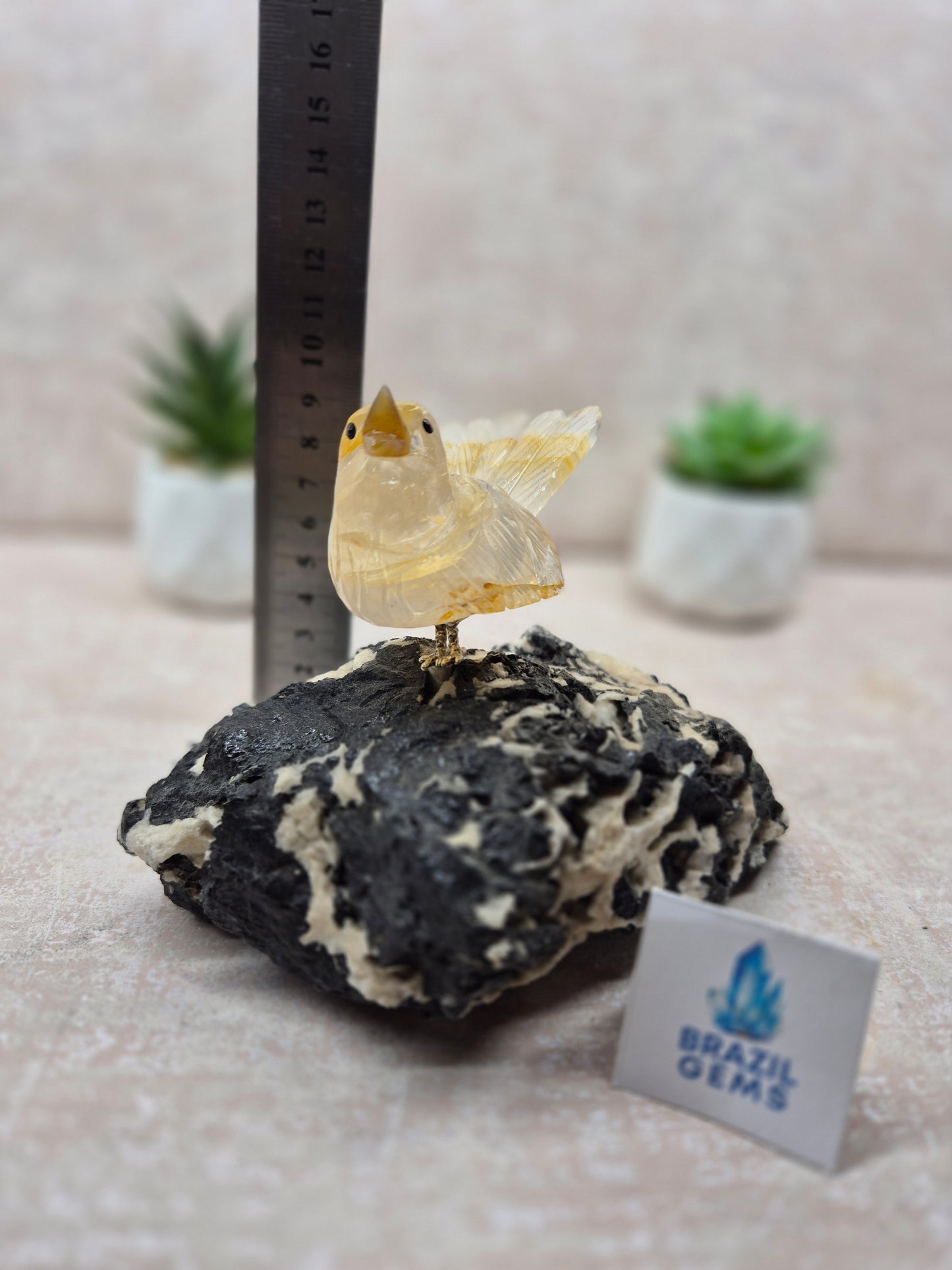 Yellow Hematoid Bird on Tourmalated Quartz Base
