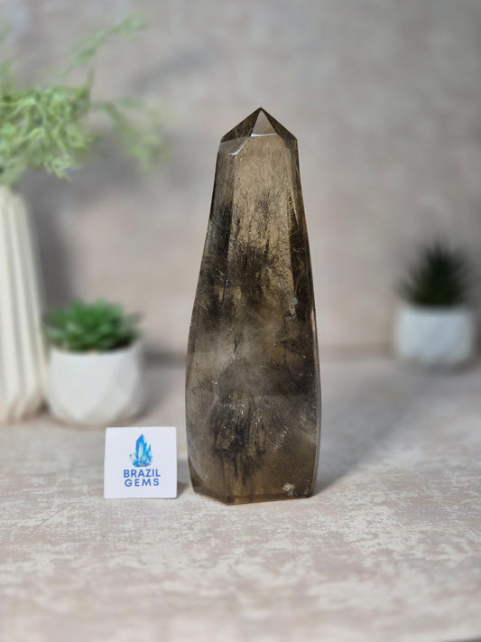 Citrine with Black Needles and Golden Rutile Inclusions Point