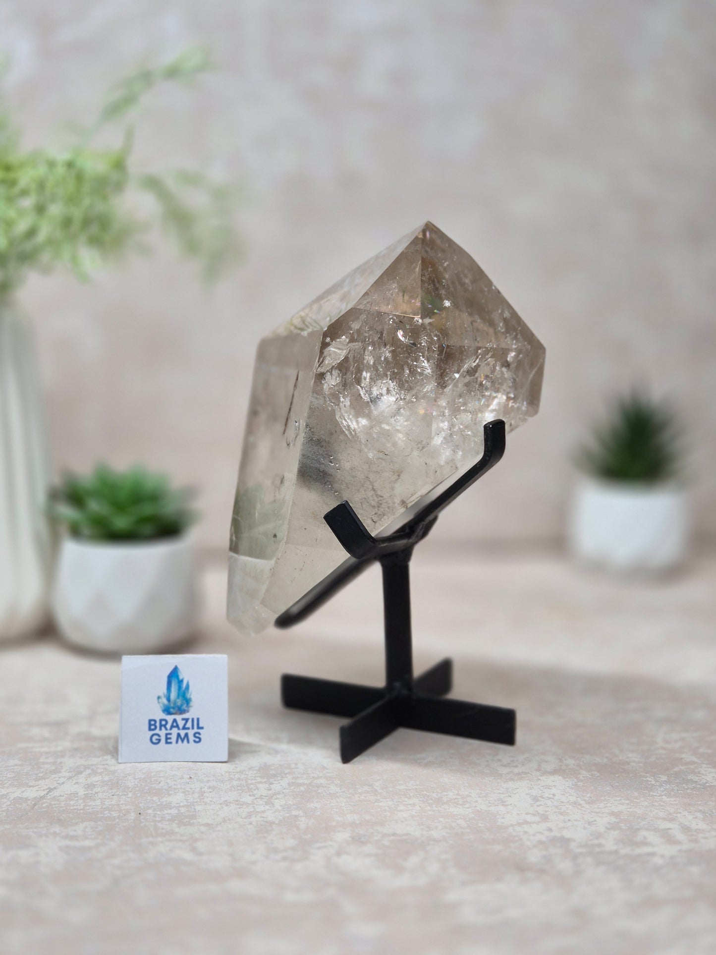Slight Smoky Quartz with Chlorite Free Form on the stand