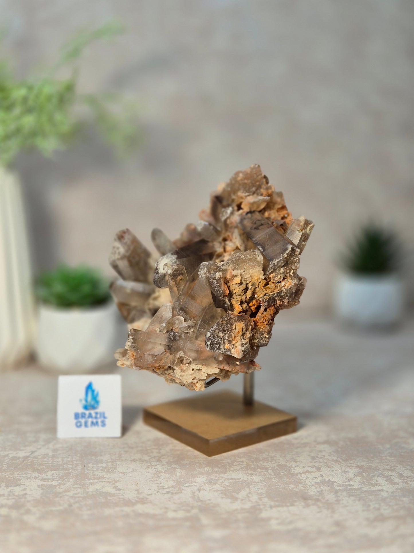 Smoky Quartz with Lodolite and Oxidation on the stand