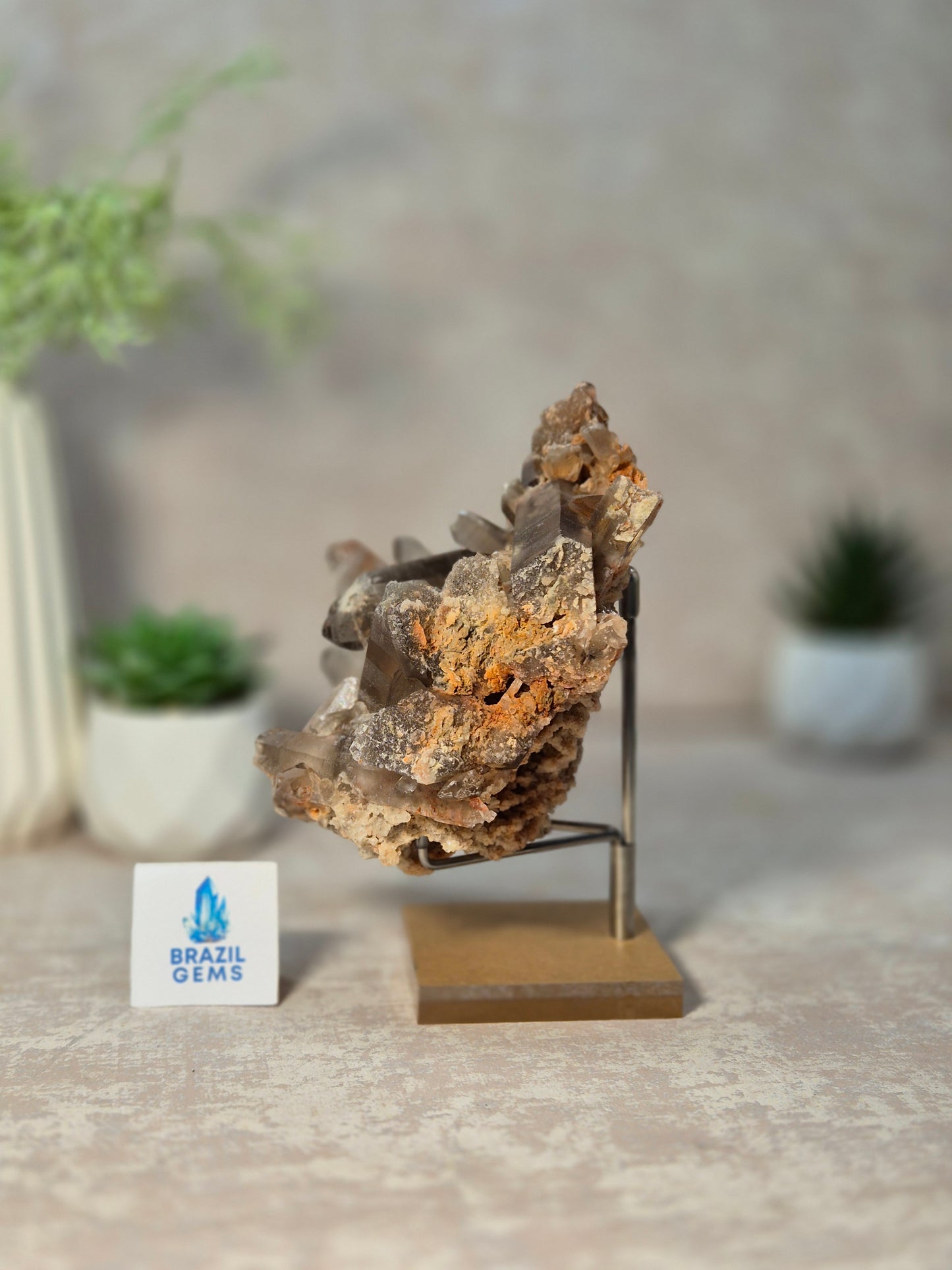 Smoky Quartz with Lodolite and Oxidation on the stand