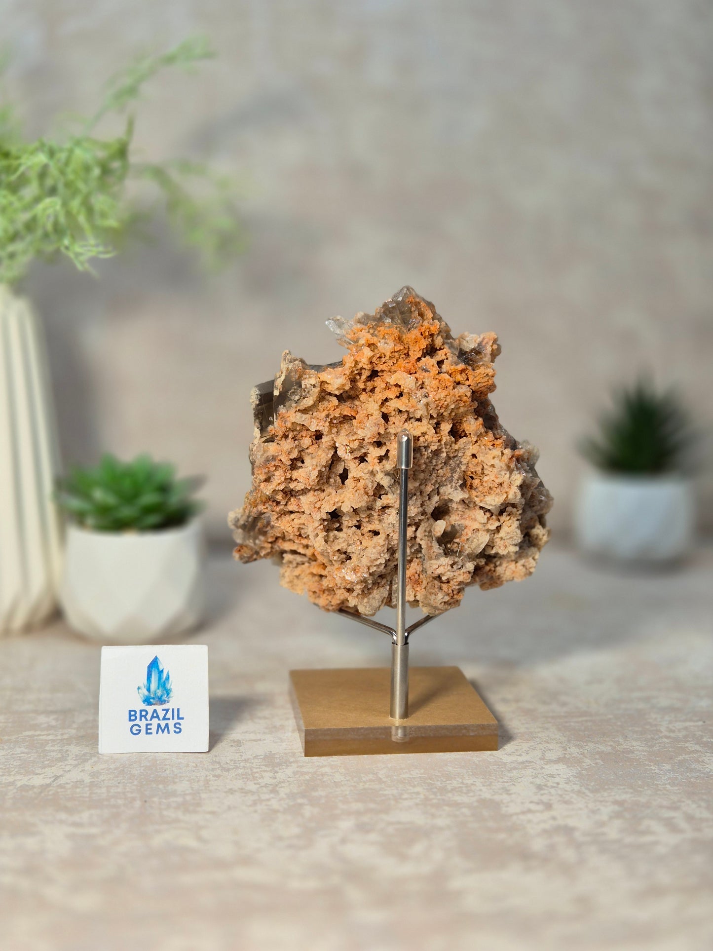 Smoky Quartz with Lodolite and Oxidation on the stand