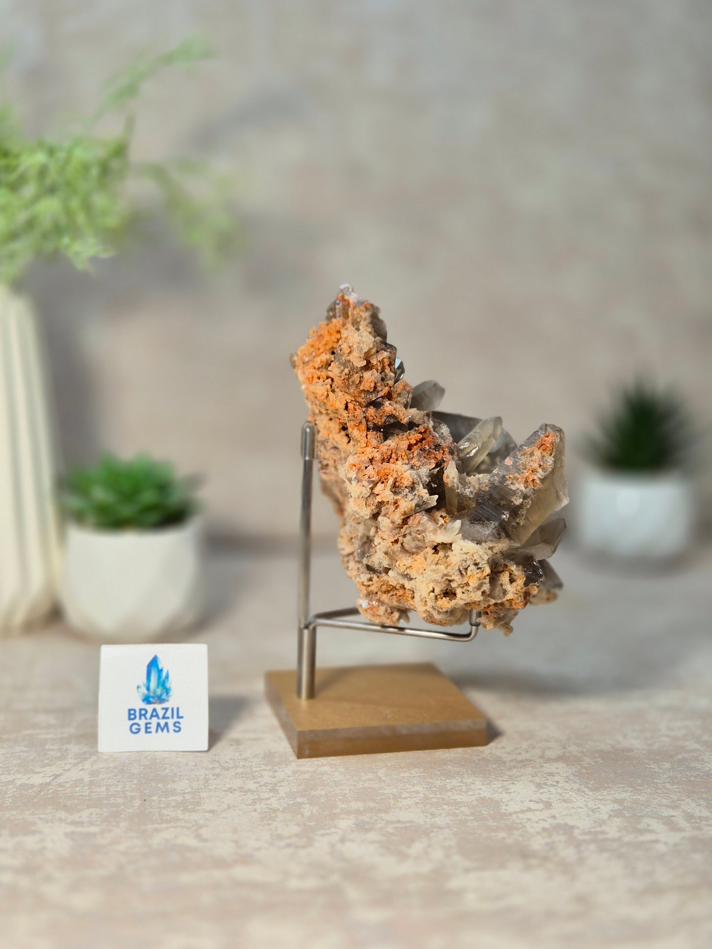 Smoky Quartz with Lodolite and Oxidation on the stand