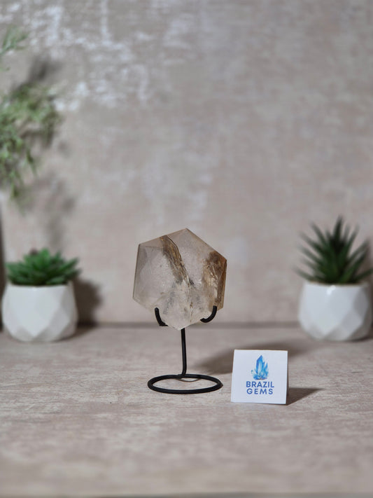 Clear Quartz with Mosaic Calcite David Star on stand