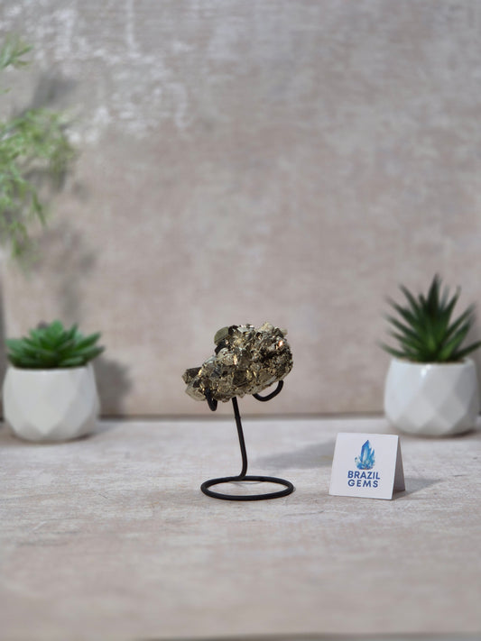 Pyrite with Calcite Cube on stand