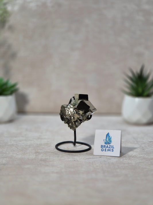 Dodecahedron Pyrite with Clear Quartz Needles Specimen on stand