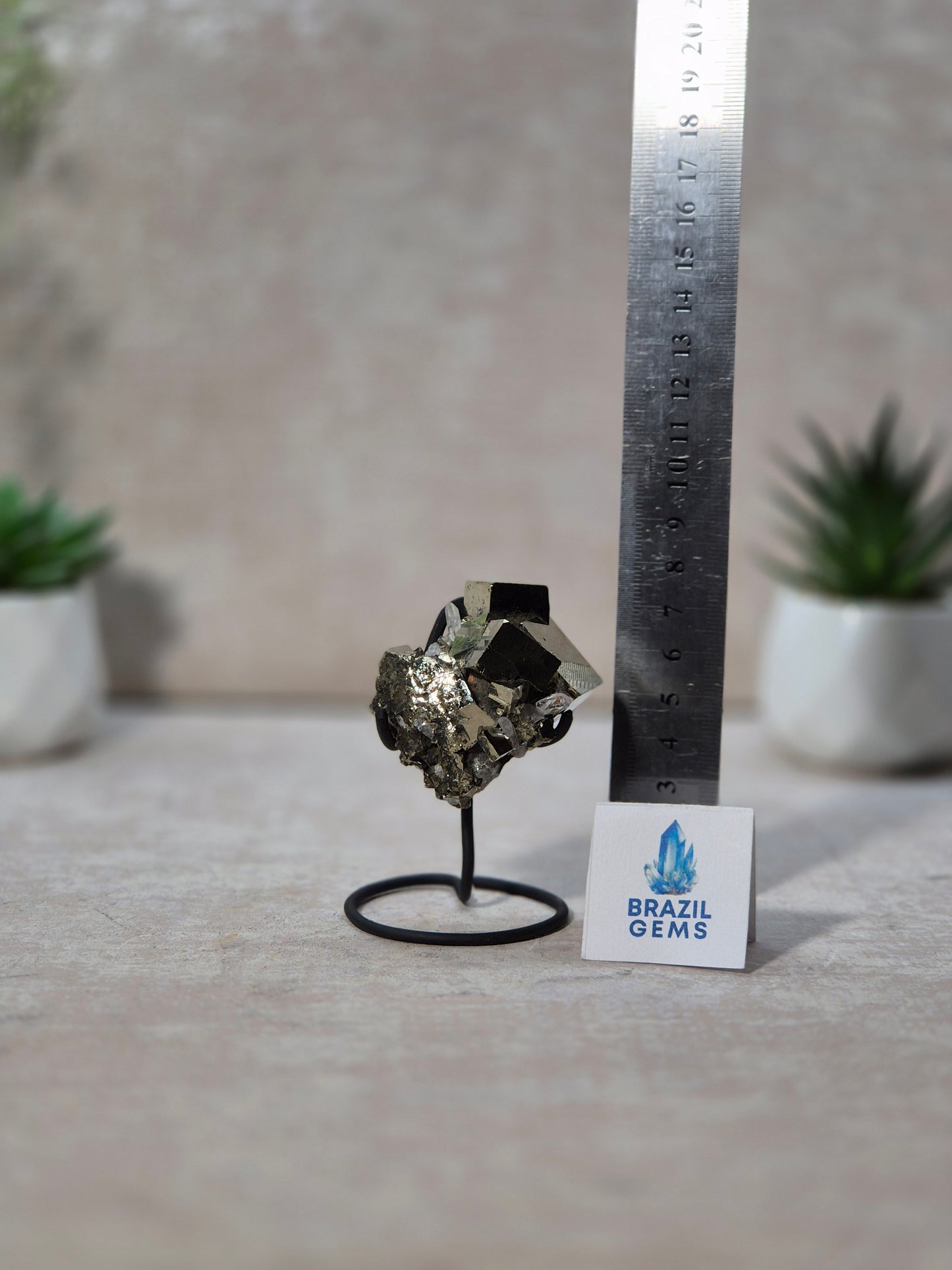 Dodecahedron Pyrite with Clear Quartz Needles Specimen on stand