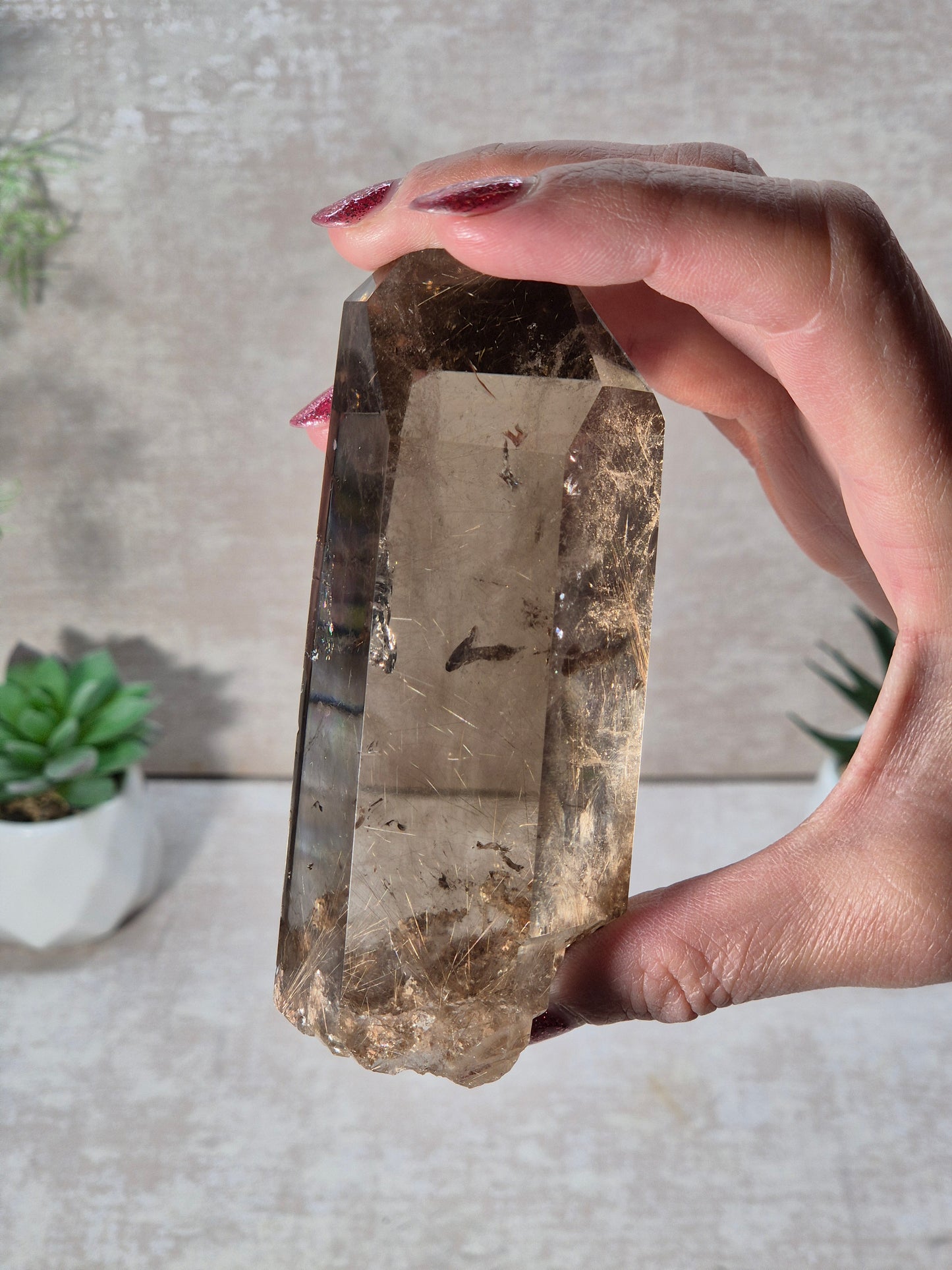 Golden Rutile in Smoky Quartz Point