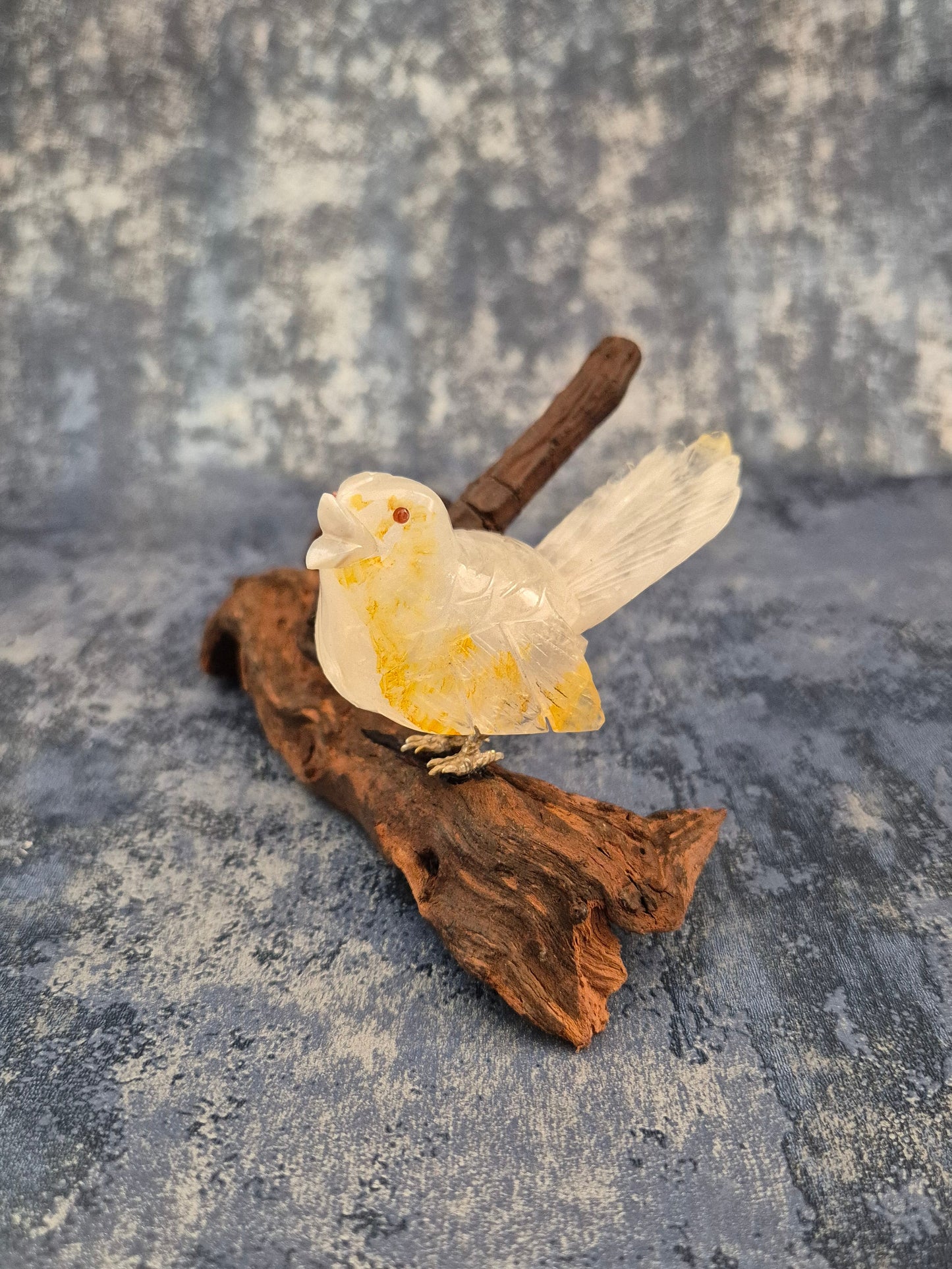 Clear Quartz with Hematoid Inclusions Bird on Natural Driftwood Base
