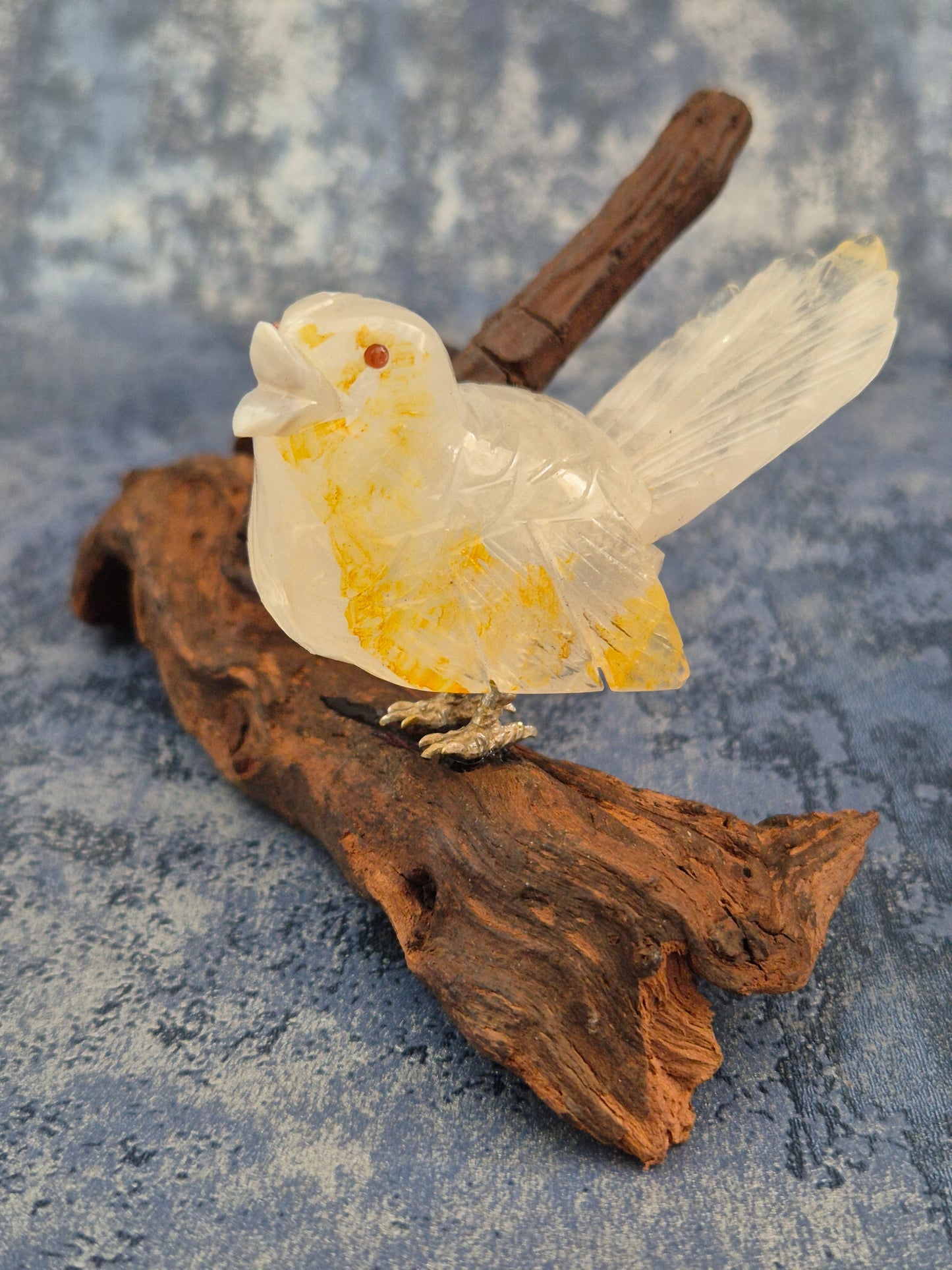 Clear Quartz with Hematoid Inclusions Bird on Natural Driftwood Base