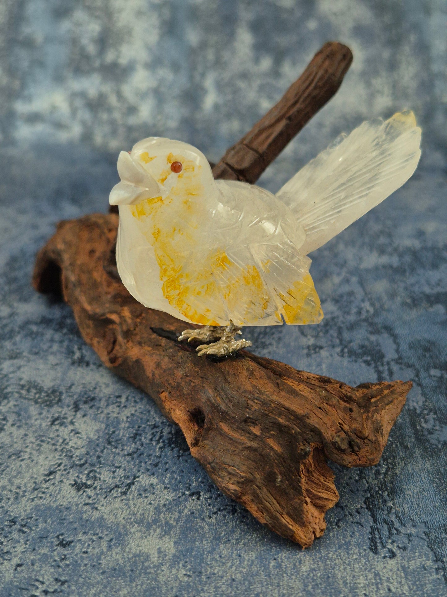 Clear Quartz with Hematoid Inclusions Bird on Natural Driftwood Base