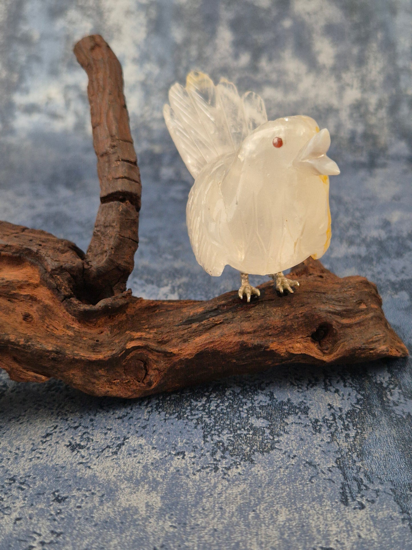 Clear Quartz with Hematoid Inclusions Bird on Natural Driftwood Base