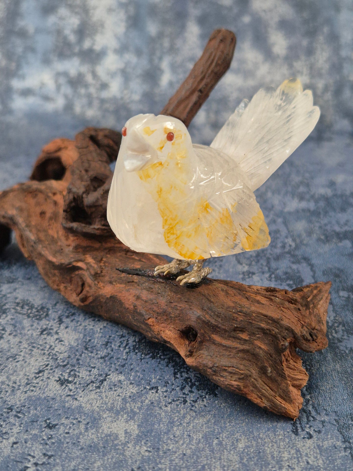 Clear Quartz with Hematoid Inclusions Bird on Natural Driftwood Base