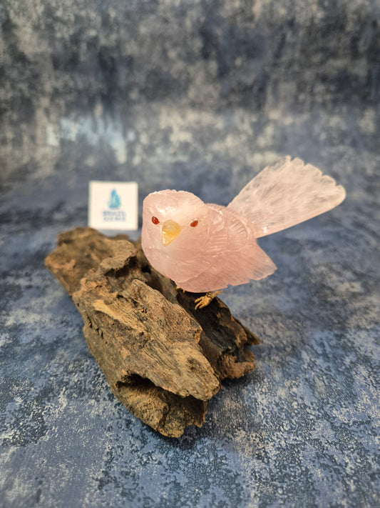 Rose Quartz Bird on Natural Driftwood Base