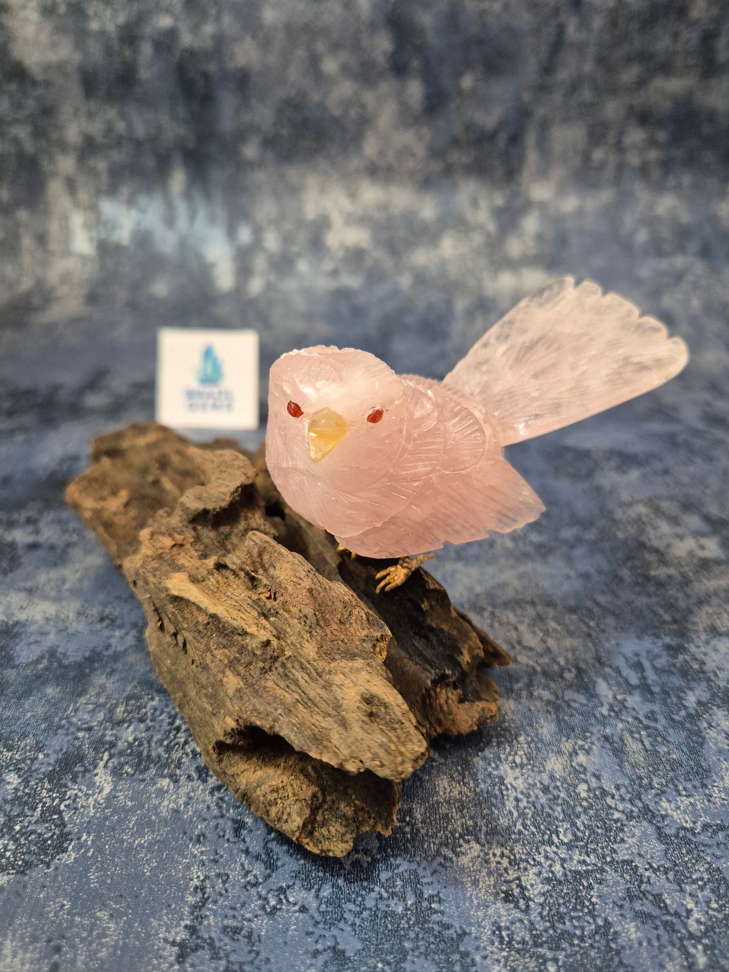 Rose Quartz Bird on Natural Driftwood Base