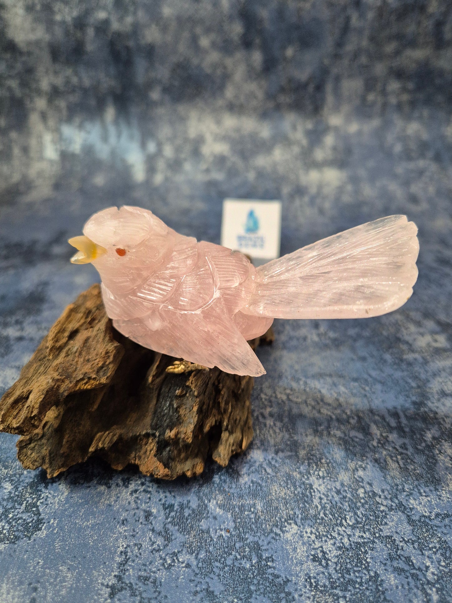 Rose Quartz Bird on Natural Driftwood Base