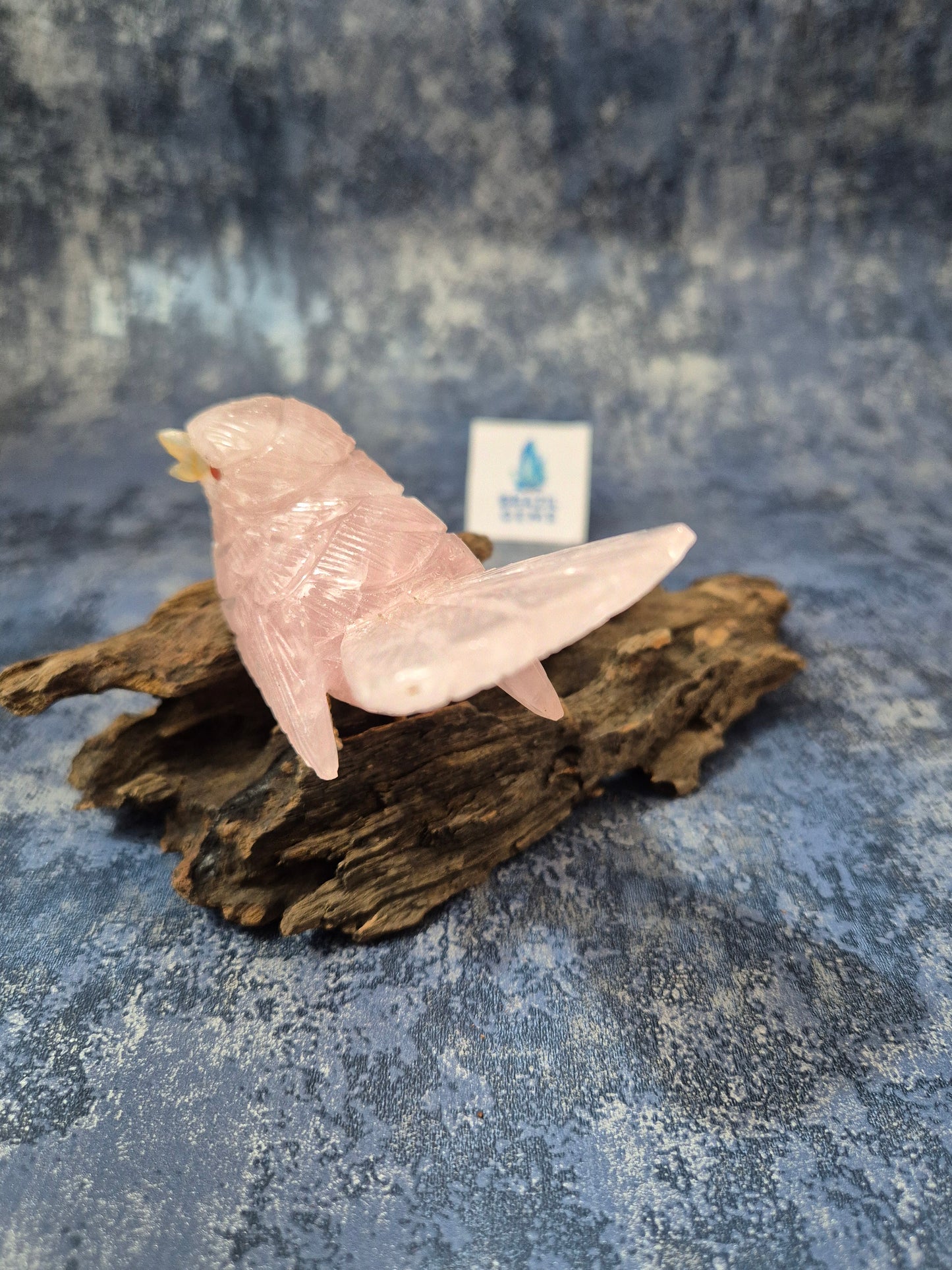 Rose Quartz Bird on Natural Driftwood Base