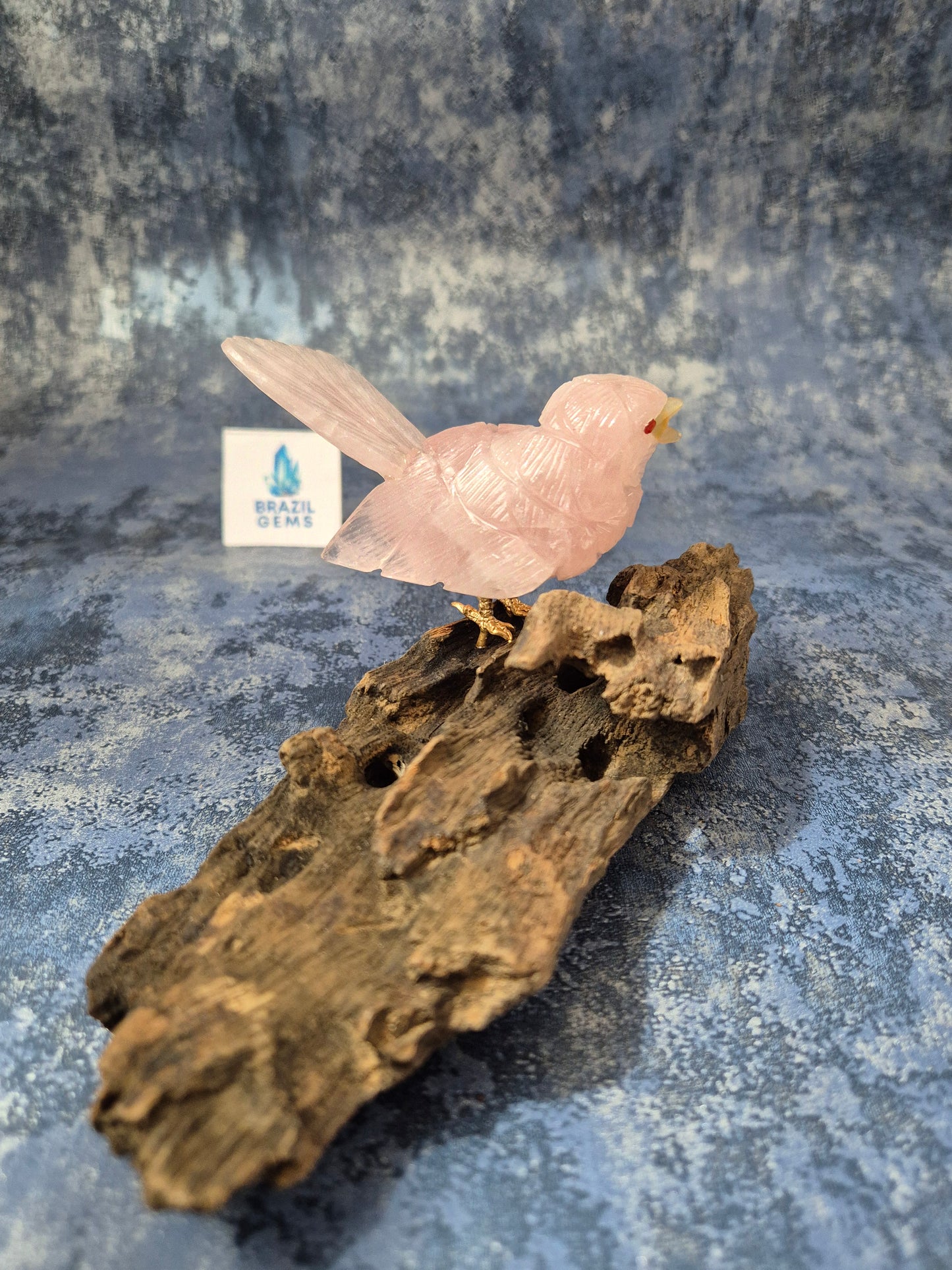 Rose Quartz Bird on Natural Driftwood Base