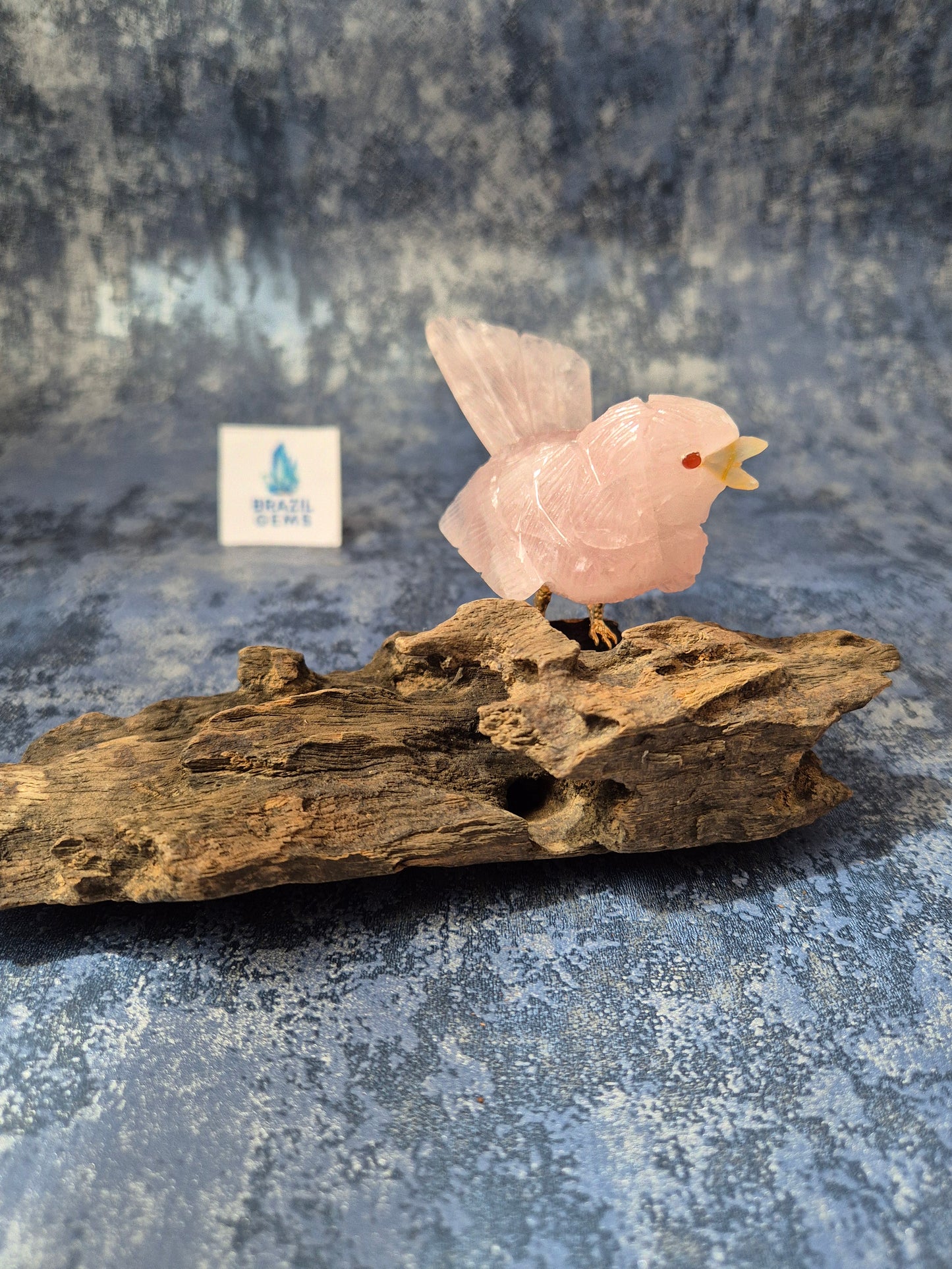Rose Quartz Bird on Natural Driftwood Base