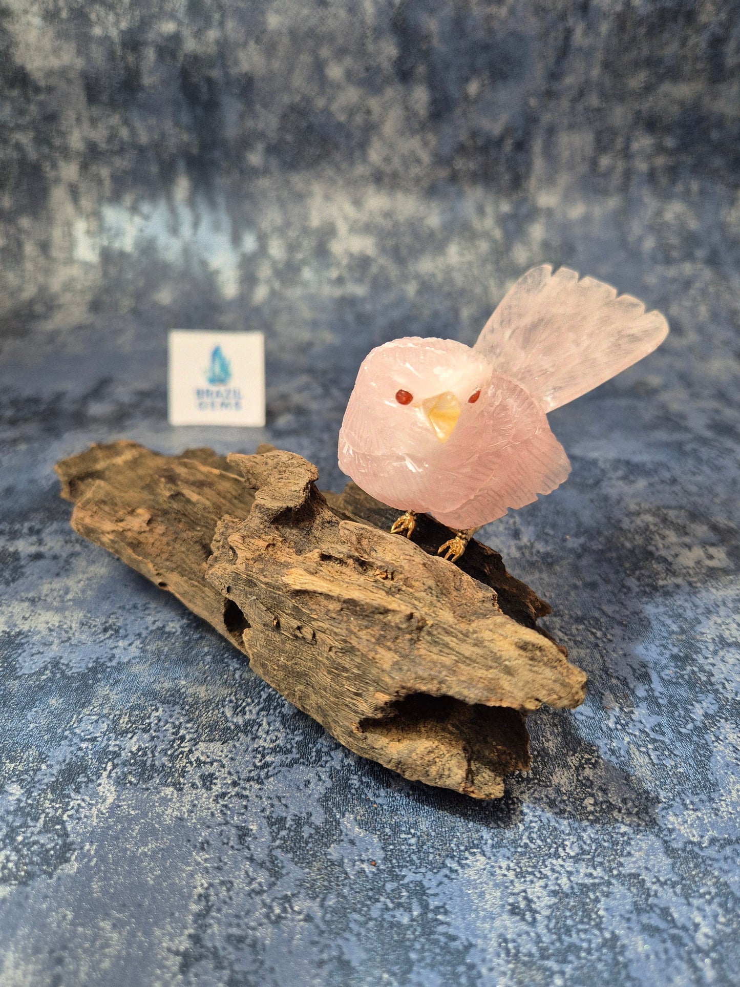 Rose Quartz Bird on Natural Driftwood Base