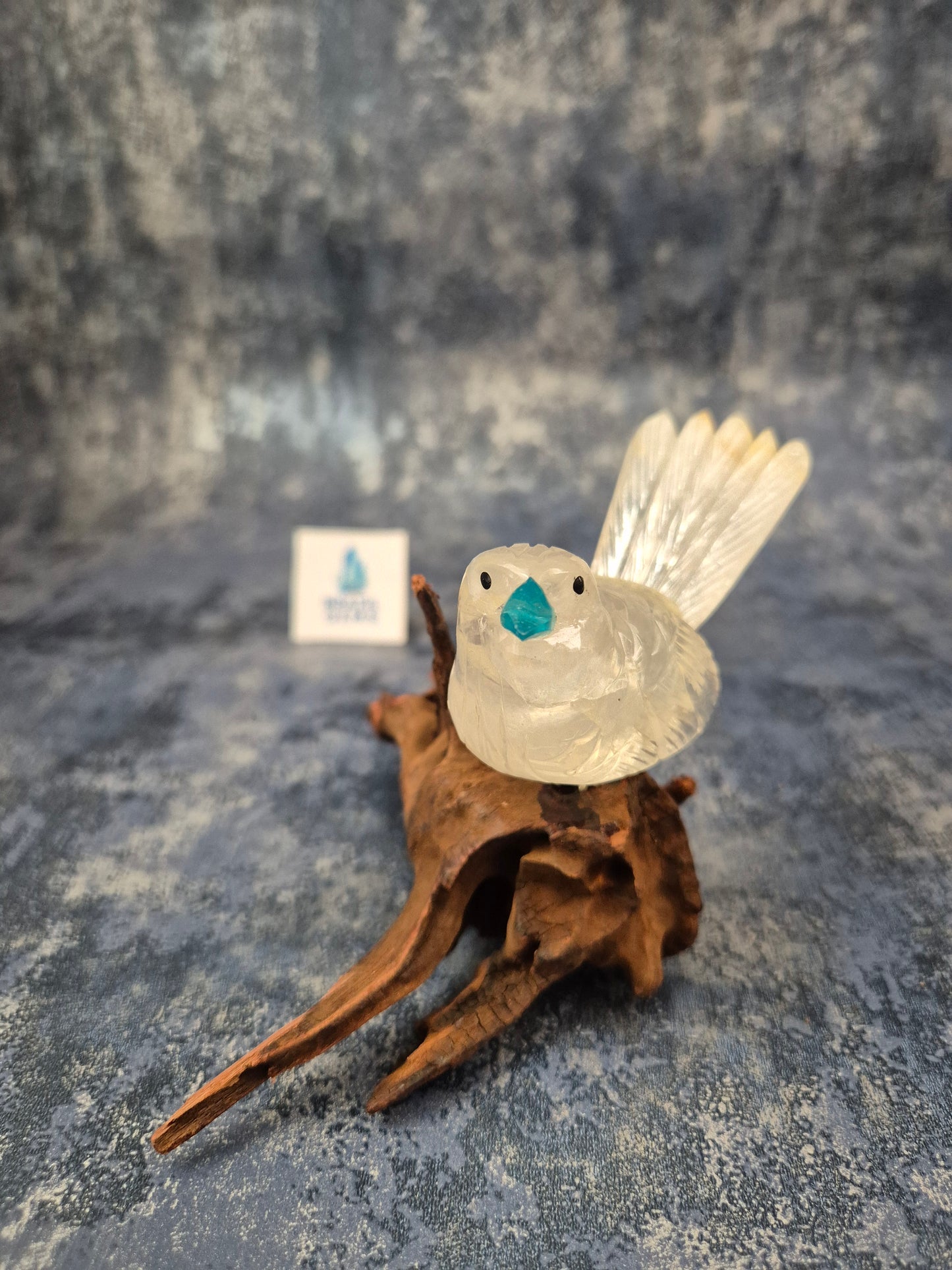 Clear Quartz with Hematoid Inclusions Bird on Natural Driftwood Base