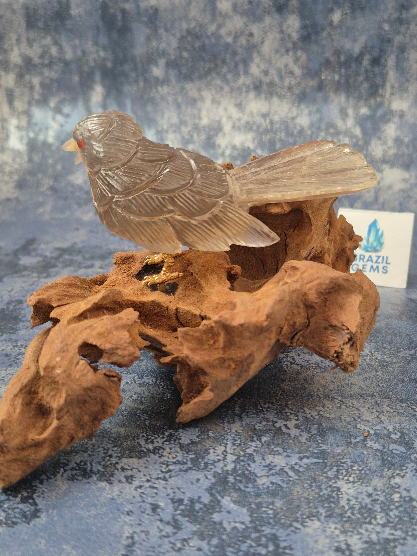 Smoky Quartz Bird on Natural Driftwood Base
