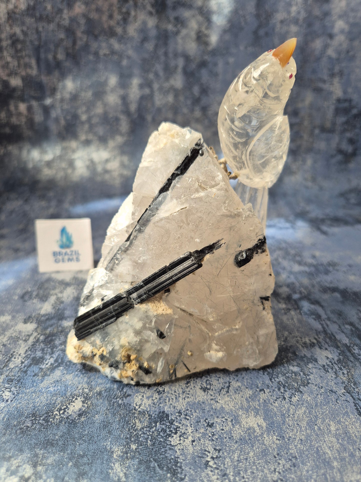 Clear Quartz Bird on Tourmalated Quartz Base