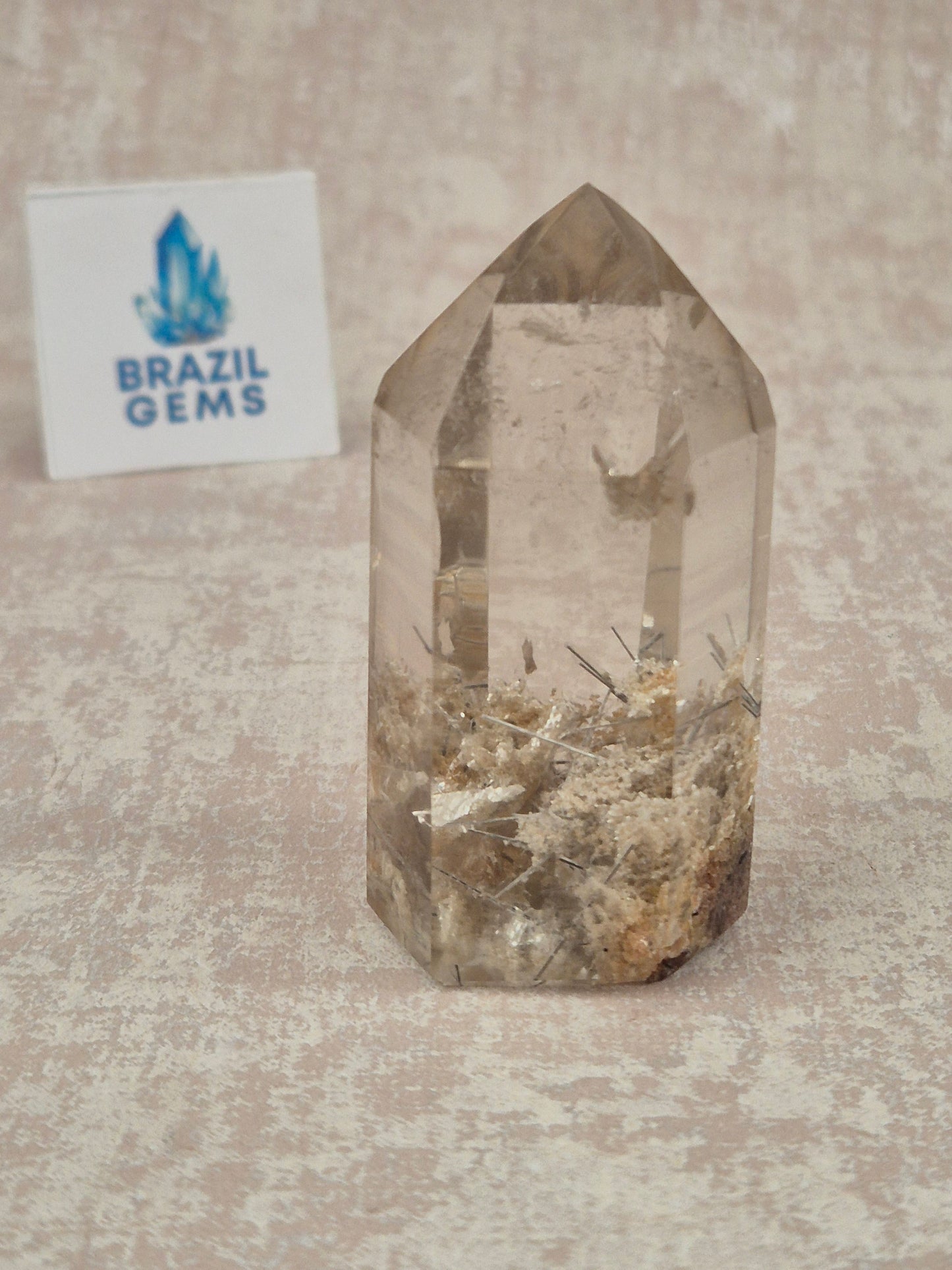 High Grade Clear Quartz slightly Citrinated Point with Silvered Rutile and Lodolite Inclusions