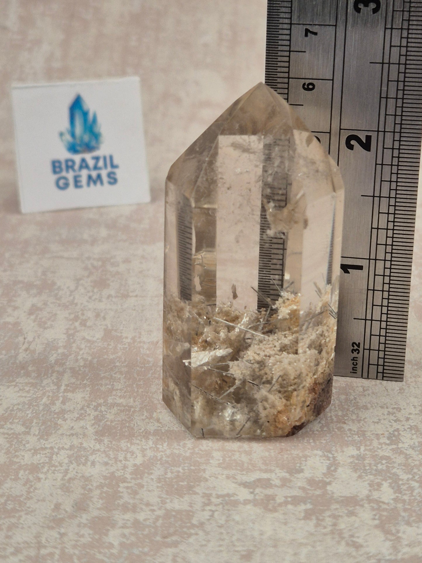 High Grade Clear Quartz slightly Citrinated Point with Silvered Rutile and Lodolite Inclusions