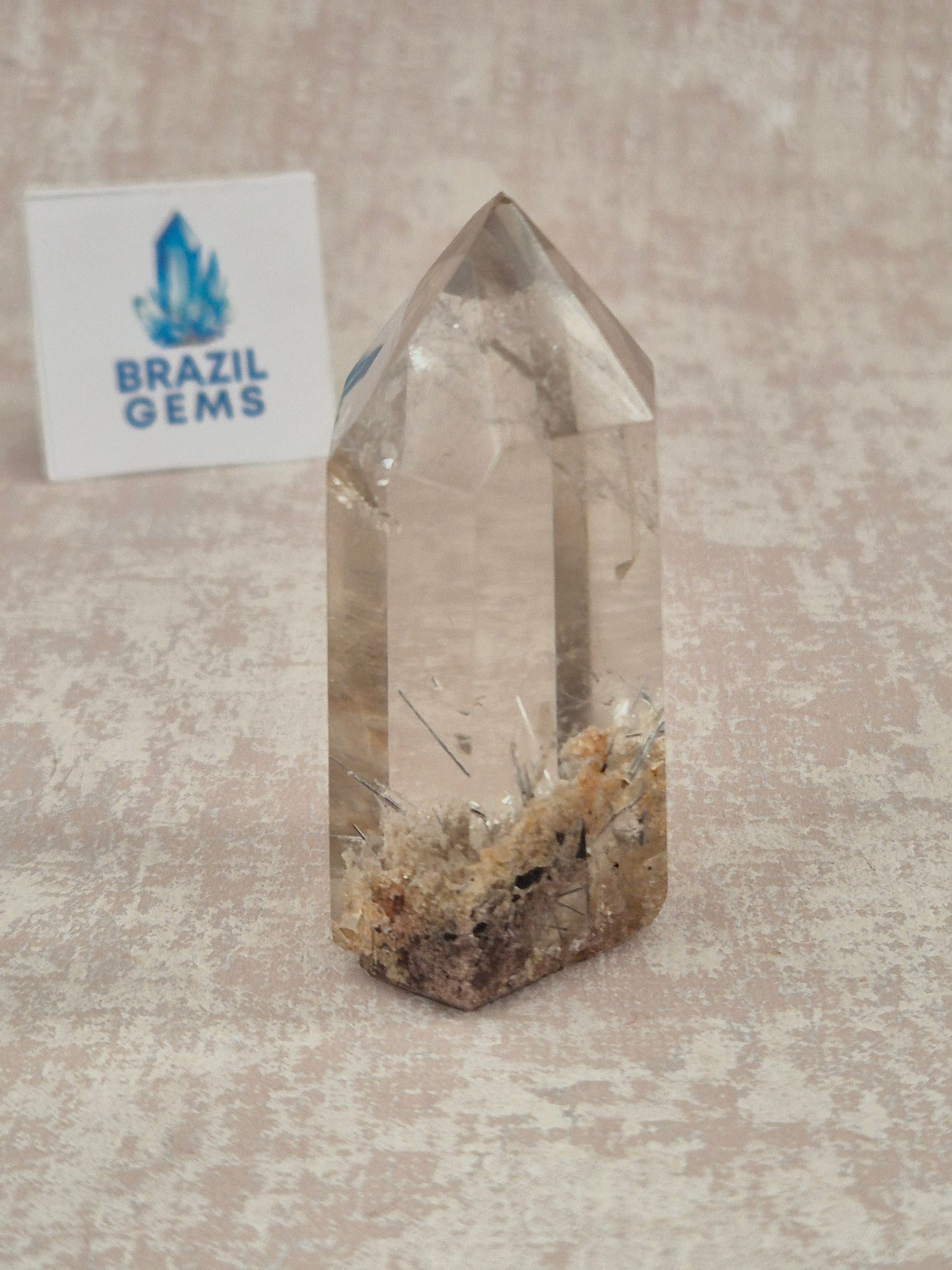 High Grade Clear Quartz slightly Citrinated Point with Silvered Rutile and Lodolite Inclusions