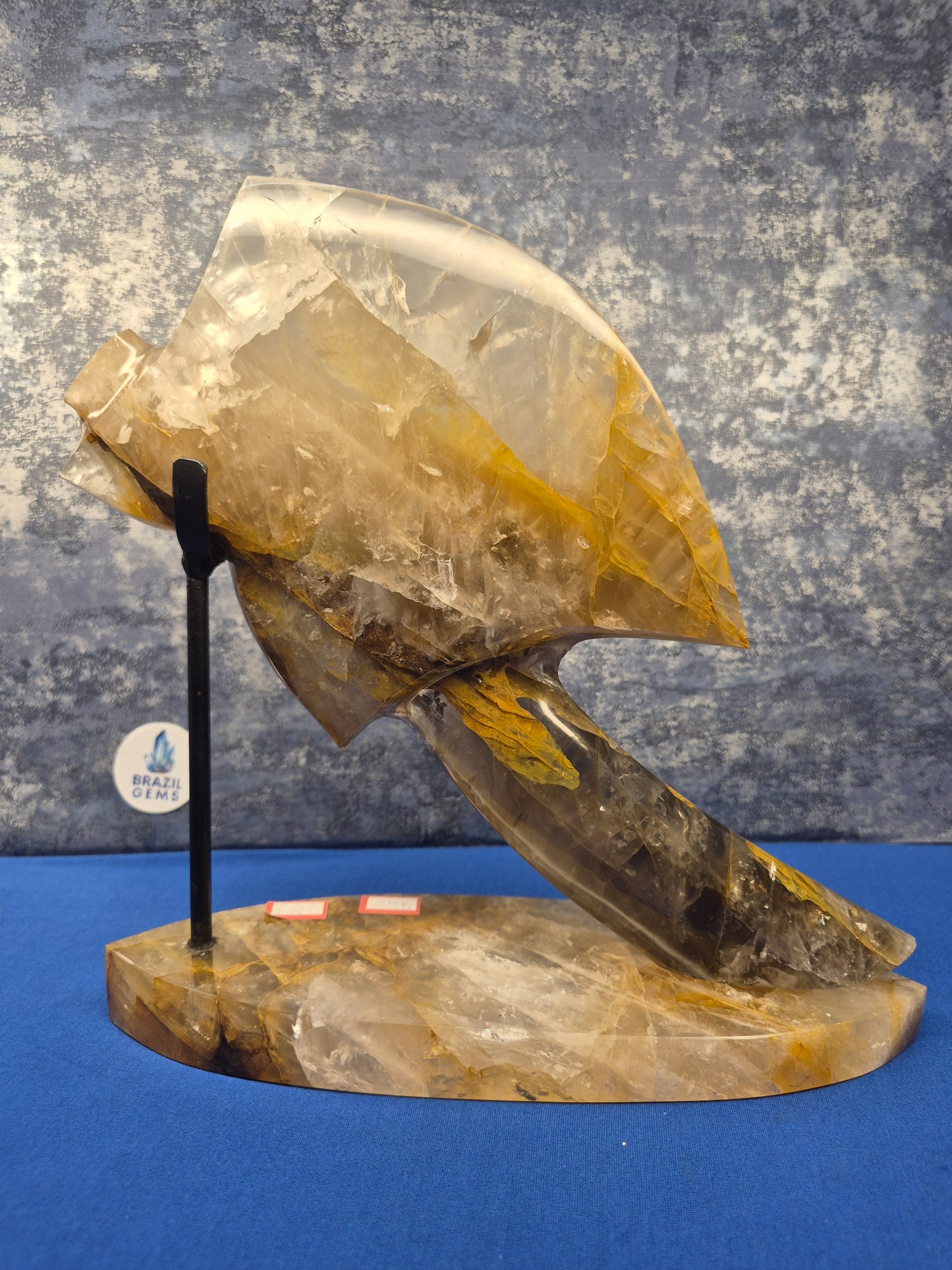 Yellow Hematoid and Clear Quartz with Oxidation Axe on stand