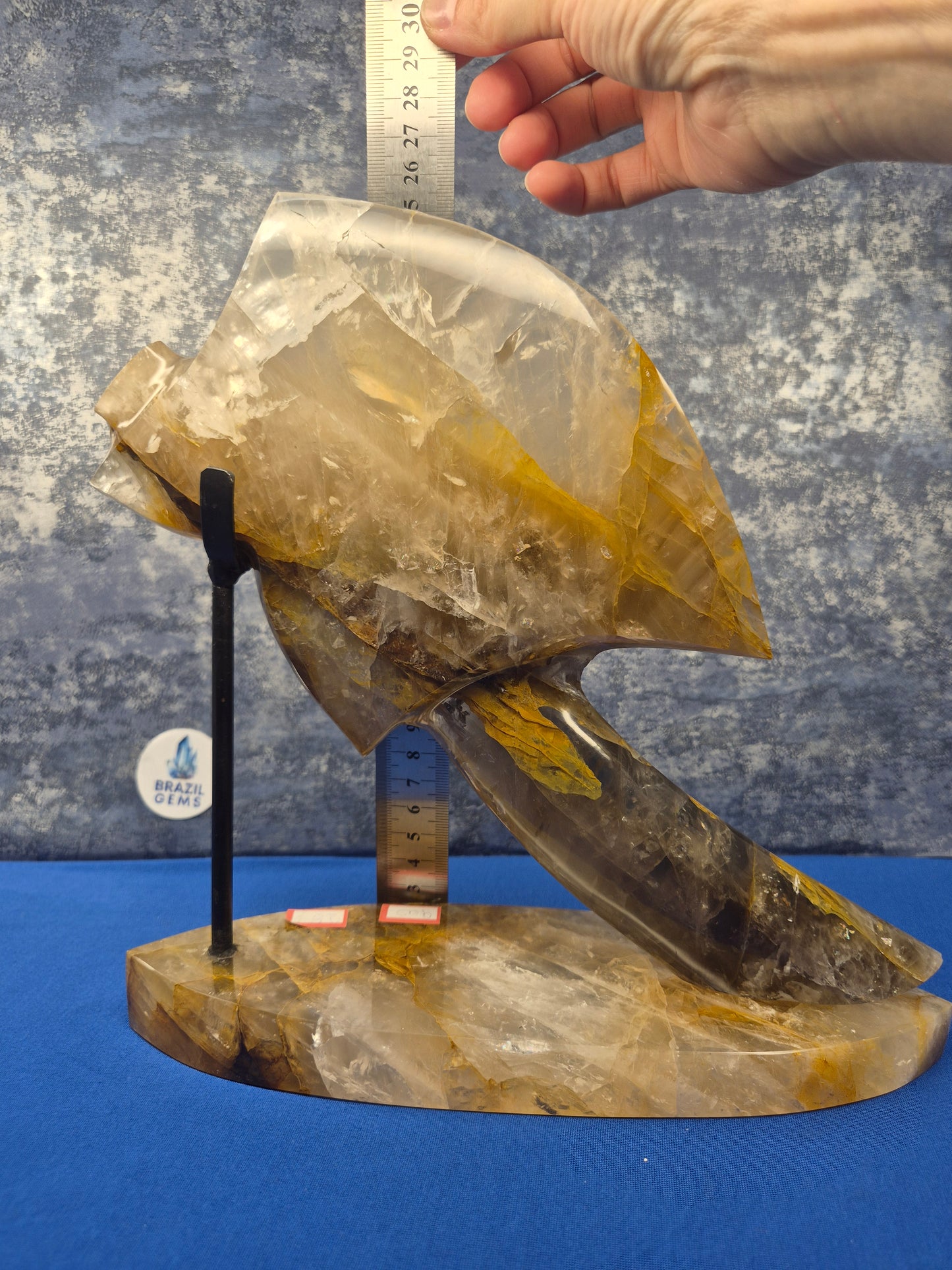 Yellow Hematoid and Clear Quartz with Oxidation Axe on stand