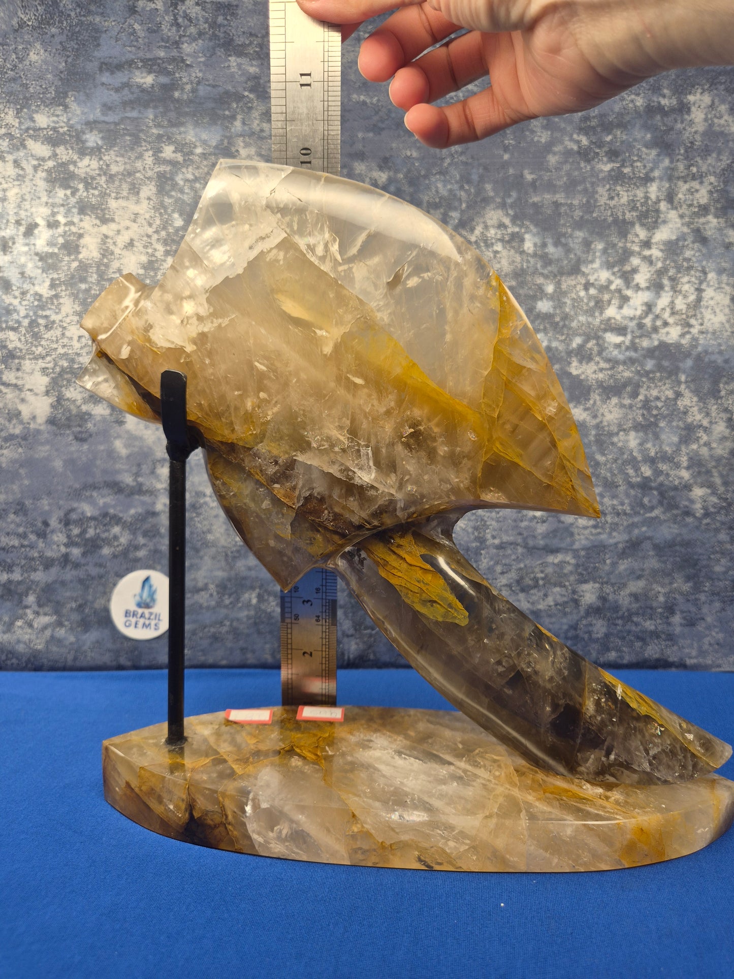 Yellow Hematoid and Clear Quartz with Oxidation Axe on stand