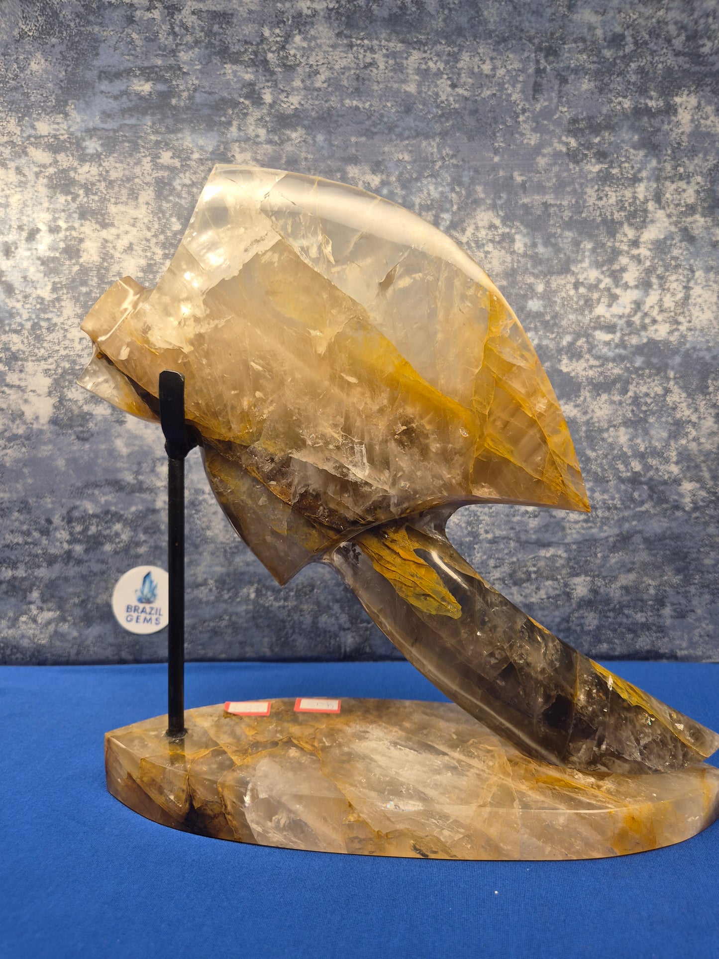Yellow Hematoid and Clear Quartz with Oxidation Axe on stand