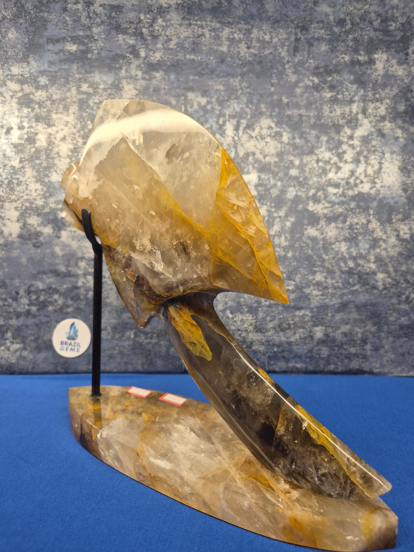 Yellow Hematoid and Clear Quartz with Oxidation Axe on stand