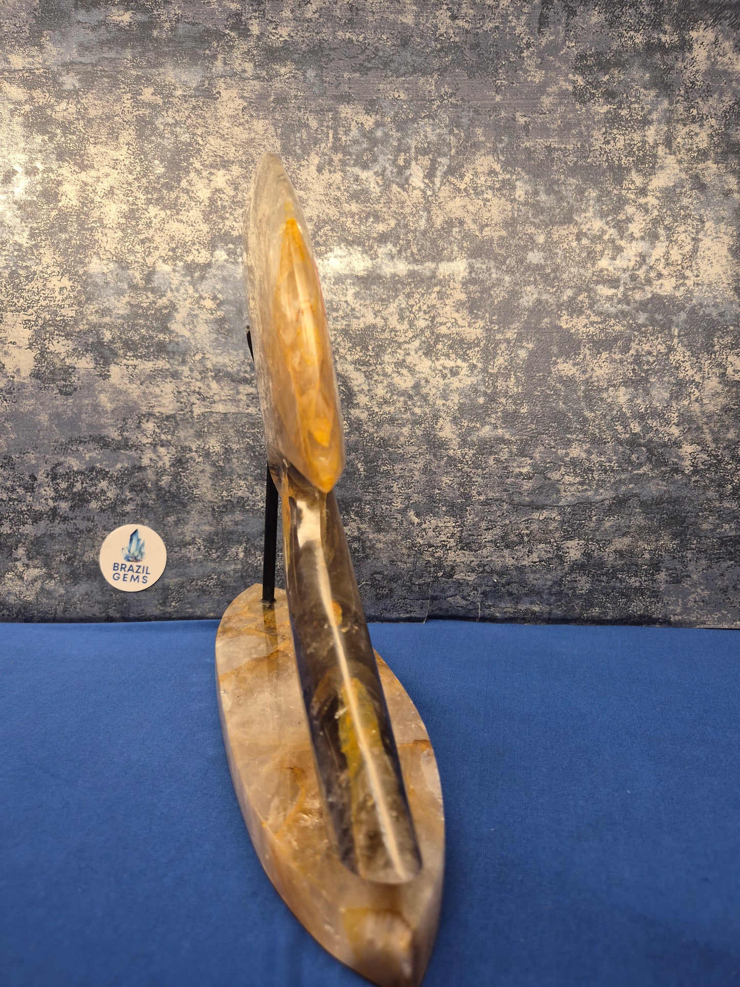 Yellow Hematoid and Clear Quartz with Oxidation Axe on stand