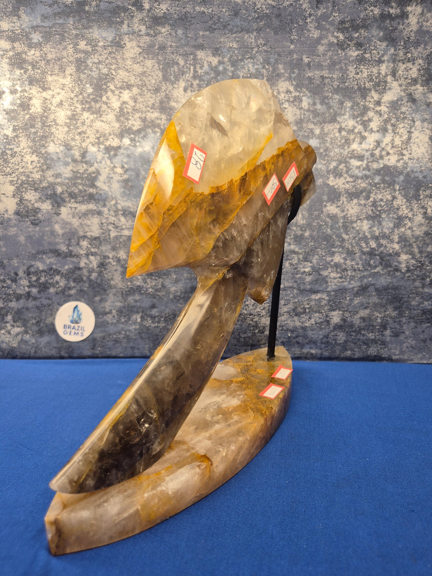 Yellow Hematoid and Clear Quartz with Oxidation Axe on stand