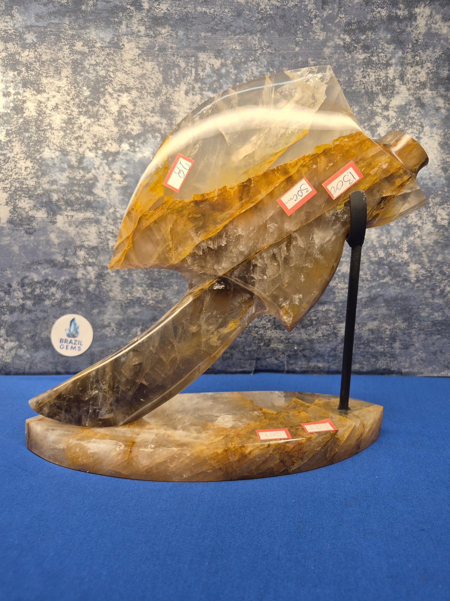 Yellow Hematoid and Clear Quartz with Oxidation Axe on stand