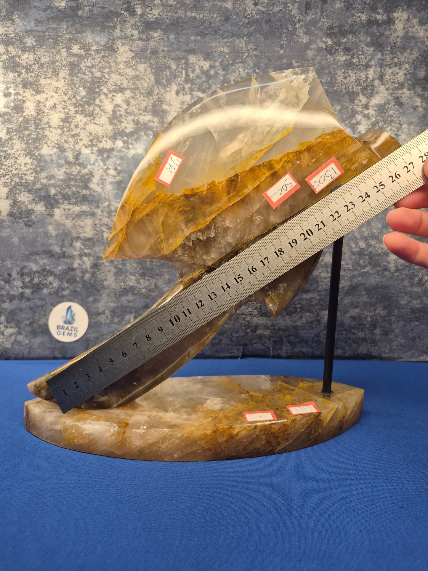 Yellow Hematoid and Clear Quartz with Oxidation Axe on stand